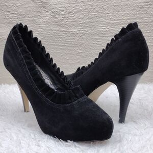 Madden Girl Guava Black Suede Fabric Ruffled Upper Point Toe Stiletto Heel Shoe